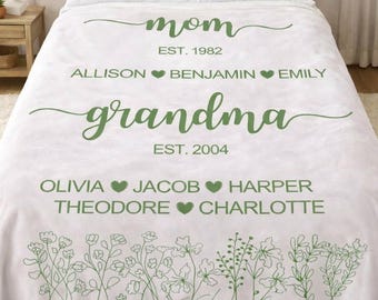 Personalized Grandma Blanket, Custom Grandkids Names Throw, Nana Gift from Grandchildren, Family Keepsake