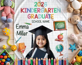 Personalized Kindergarten Graduation Blanket, Custom Photo Graduate Blanket, Class of 2026 School Name Gift, Preschool Graduation Keepsake