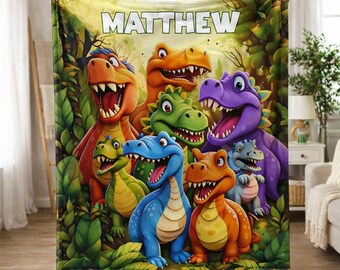 Personalized Dinosaur Blanket Gift, Custom Baby Boy Gift, Jungle Animal Gift, Minky Nursery Throw