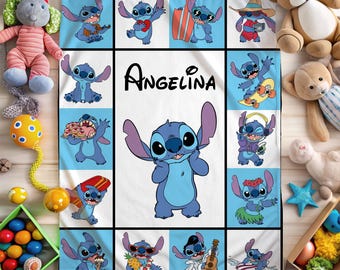 Stitch Baby Blanket With Name, Personalized Newborn Baby Shower Gift For Baby Boy Girl