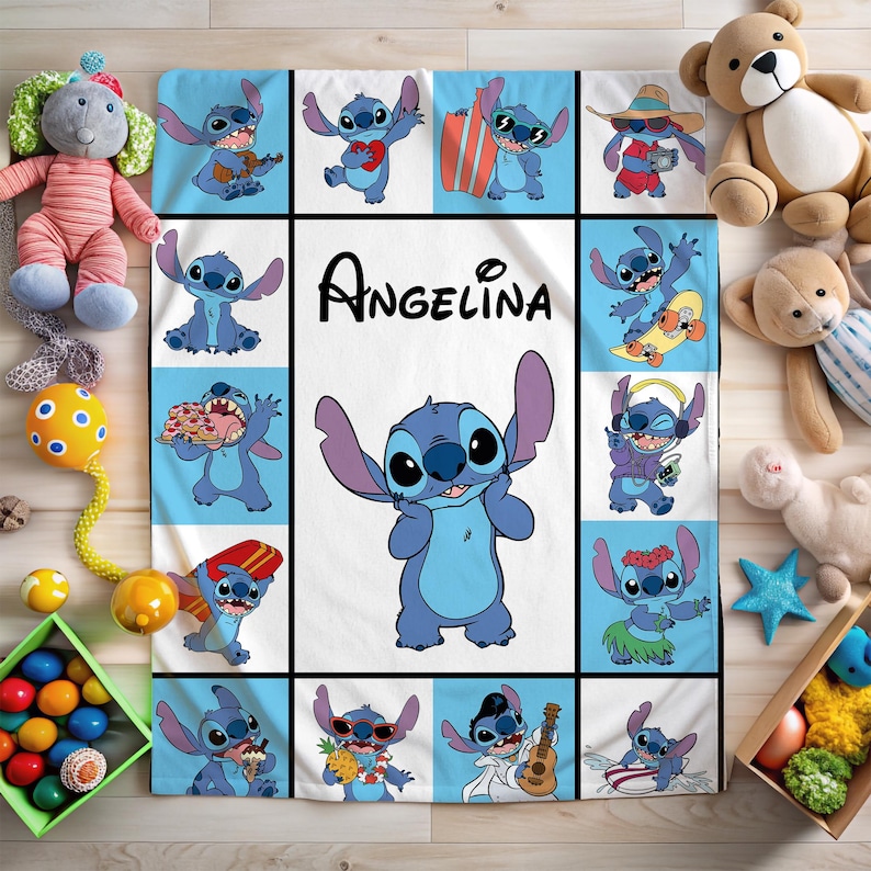 May include: A light blue and white blanket featuring the character Stitch from Lilo & Stitch. The blanket has a grid pattern with various images of Stitch, and the name "Angelina" is displayed in the center.