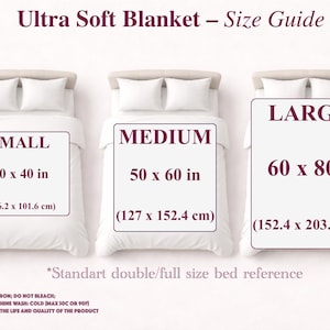May include: Size guide for an ultra-soft blanket, showing three sizes: Small (30 x 40 in), Medium (50 x 60 in), and Large (60 x 80 in). Each size is displayed on a bed with pillows. The text "Ultra Soft Blanket - Size Guide" is at the top.