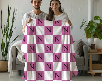 Personalized Checkerboard Blanket, Custom Initial Throw Blanket, Monogram Gift Blanket