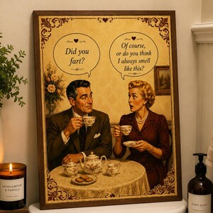 Funny Bathroom Wall Art Print | Vintage Toilet Humor Poster | Couple “Did You Fart?” Retro Restroom Decor | Gut Feeling | Dig. Download A4