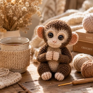 May include: A handmade crochet monkey with large, detailed eyes. The amigurumi monkey is brown and beige, with a detailed design. The monkey is sitting on a wooden surface, with a crochet cup cosy and yarn balls in the background. The overall theme is handmade crafts.