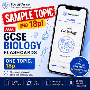 Puede incluir: Un teléfono inteligente que muestra tarjetas didácticas digitales FocusCards para AQA GCSE Biología. La pantalla muestra una tarjeta de biología celular con un diagrama y una indicación para girar. El fondo incluye texto e iconos.