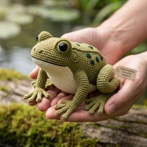 Puede incluir: Una rana de ganchillo en tonos verde oliva y crema, con grandes ojos negros y costuras detalladas. La rana se sostiene en manos abiertas. Una etiqueta dice "Intermediate Crochet Pattern".
