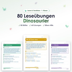 May include: A digital educational resource titled 80 Leseübungen Dinosaurier featuring 80 worksheets with solutions and syllable assistance. The image displays three sample pages with German text about dinosaurs, including headers like Groß und klein.