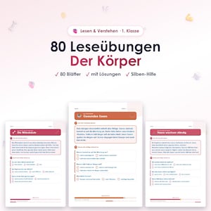 May include: A set of 80 educational reading worksheets titled 80 Leseübungen Der Körper, designed for first-grade students. The pages feature text in German about human anatomy and health, including multiple-choice questions and syllable-based reading aids.