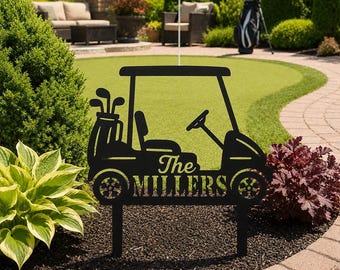 Personalized Golf Cart Garden Stake, Black Metal Yard Art, Golfer Housewarming Gift, Metal Garden Decor, Golf Lover Decor