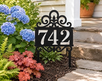 Personalized House Number Garden Stake, Ornate Scroll Yard Art, Front Yard Lawn Decor, Entry Path Address Gift, Address Garden Sign