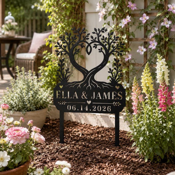 Personalisierter Gartenstecker aus Metall, individuelles Gartenschild für Paare, Gartendekoration zur Hochzeit, Jahrestagsgeschenk für Paare, individuelles Familien-Gartenschild