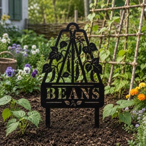 Estaca metálica personalizada para enrejado de judías, letrero personalizado para huerto, decoración de jardín con diseño de enrejado de judías verdes, marcador de jardín personalizado.