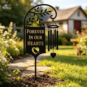 Peut inclure: Piquet de jardin en métal noir avec l'inscription dorée "FOREVER IN OUR HEARTS". Il présente un oiseau dans un cœur, une cloche à vent et un motif de branche décorative. Le piquet est planté dans un jardin.