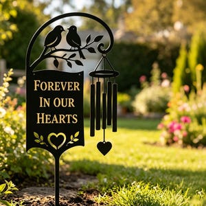 以下が含まれることがあります： Forever In Our Heartsという文字とハートの切り抜きが施された長方形のプレートの上に、枝にとまる2羽の鳥のシルエットが描かれた黒い金属製のガーデンステーク。5本の円筒形の管とハート型のペンダントが付いたウィンドチャイムが吊り下げられています。
