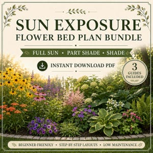 Op de afbeelding: Een digitale tuinplanningsgids getiteld SUN EXPOSURE FLOWER BED PLAN BUNDLE. De afbeelding bevat tekst zoals FULL SUN, PART SHADE, SHADE, INSTANT DOWNLOAD PDF en 3 GUIDES INCLUDED, weergegeven over een afbeelding van een bloembed.