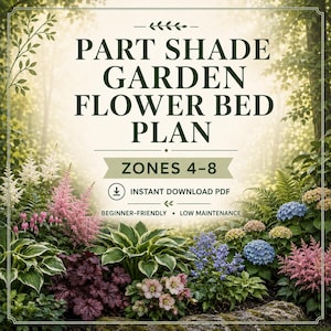 May include: A garden plan graphic with the text "Part Shade Garden Flower Bed Plan." The image features a variety of colorful flowers and foliage, including pink, blue, and white blooms. The text also includes "Zones 4-8" and "Instant Download PDF."