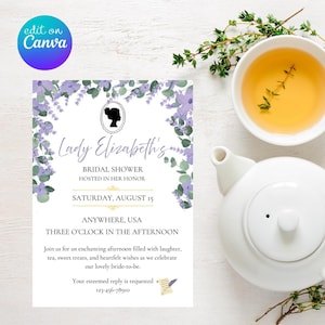 May include: A rectangular bridal shower invitation card featuring a purple floral and green leaf border, a black silhouette of a woman in an oval frame, and text reading Lady Elizabeth's Bridal Shower, Saturday, August 15, Anywhere, USA.