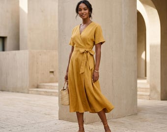 Robe portefeuille en lin pour femme, Robe d'été midi, Robe d'invitée de mariage minimaliste, Tenue cottagecore
