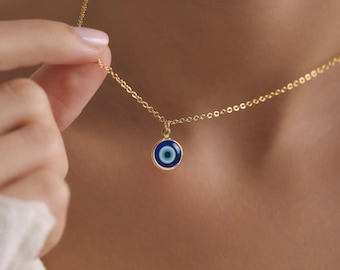 Vergoldete Minimalistische Evil Eye Halskette, Glas Talisman Anhänger, schützender Schmuck