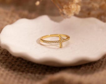 14k Gold Cross Ring,Diamond Cross Ring,Cubic Zirconia Hoop Rings,Christian Jewelry,Catholic Ring, Religious Ring,Gift for Him Her