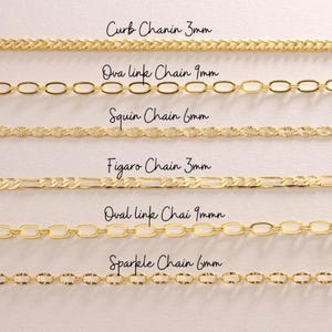 May include: A selection of gold-coloured chain necklaces, showcasing different designs like curb, oval link, squin, figaro, and sparkle. Each chain is labelled with its style and width in mm, for example, "Curb Chain 3mm" and "Oval link Chain 9mm".