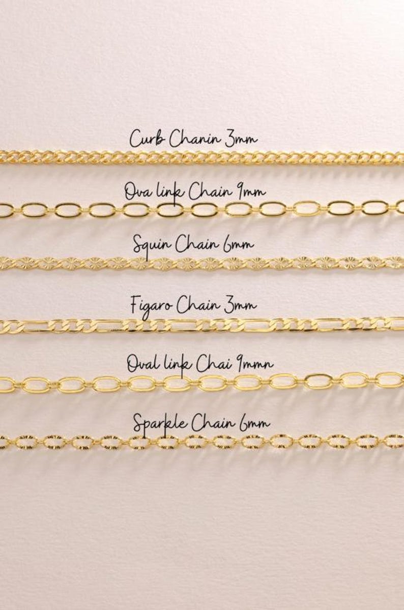 May include: A selection of gold-coloured chain necklaces, showcasing different designs like curb, oval link, squin, figaro, and sparkle. Each chain is labelled with its style and width in mm, for example, "Curb Chain 3mm" and "Oval link Chain 9mm".