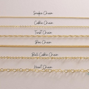 May include: An image showcasing six gold-coloured chain necklaces. The styles include Snake Chain, Cable Chain, Twist Chain, Box Chain, Ball Cable Chain, and Heart Chain. Each chain type is labelled above it, offering a clear visual guide.