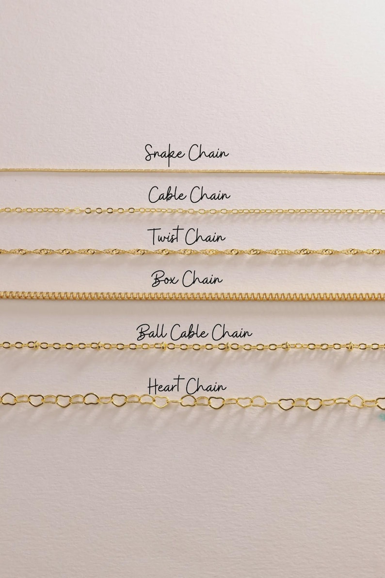 May include: An image showcasing six gold-coloured chain necklaces. The styles include Snake Chain, Cable Chain, Twist Chain, Box Chain, Ball Cable Chain, and Heart Chain. Each chain type is labelled above it, offering a clear visual guide.