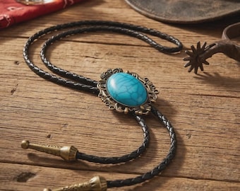 Vintage Turquoise Oval Bolo Tie, Western Cowboy Necklace, Braided Leather Cord Necktie