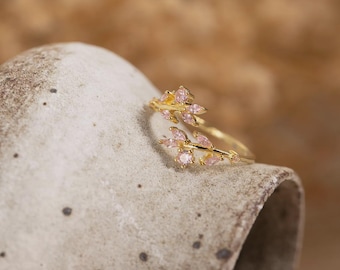 14K Gold Rose Pink Flower Leaf Ring, Adjustable CZ Jewelry