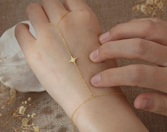 Star Hand Chain Bracelet,Star Zircon Finger Chain,North Star Hand Chain,14K Gold | Silver Star Bracelet,Dainty Jewelry,Birthday Gift for Her
