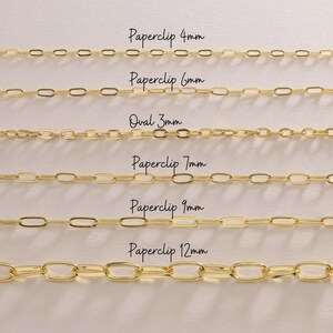 May include: A selection of gold-coloured chain necklaces, featuring paperclip and oval styles, with sizes ranging from 3mm to 12mm. The image shows the chains against a light background, with size labels in millimetres.