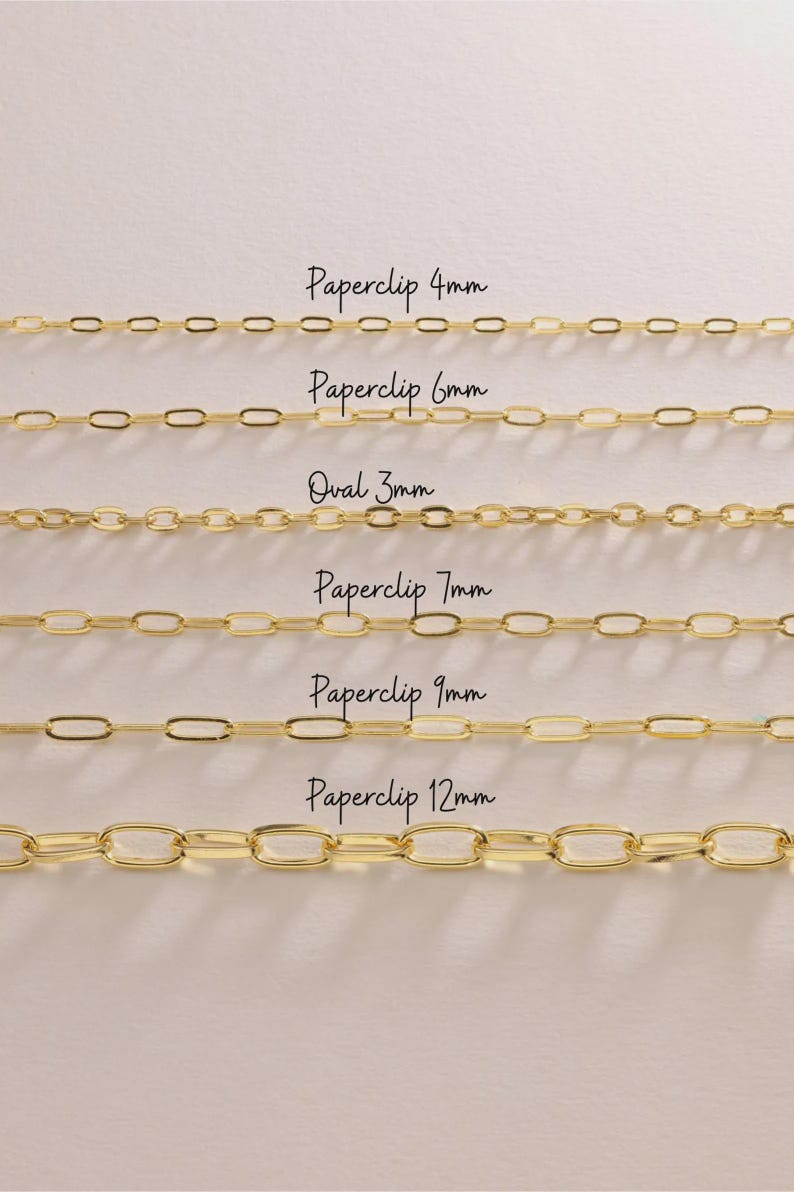 May include: A selection of gold-coloured chain necklaces, featuring paperclip and oval styles, with sizes ranging from 3mm to 12mm. The image shows the chains against a light background, with size labels in millimetres.