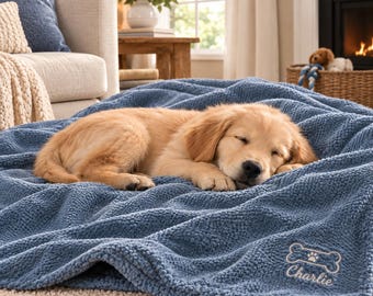 Personalized Pet Blanket, Plush Blue Gray Dog Blanket, Custom Embroidered Puppy Throw