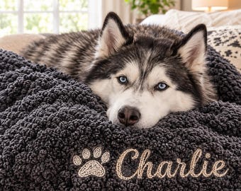 Personalized Dog Blanket, Custom Pet Blanket with Name, Embroidered Paw Print Cozy Throw for Dogs, Soft Charcoal Blanket