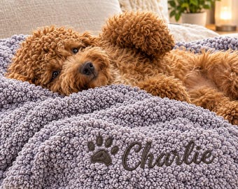 Personalized Dog Blanket, Custom Pet Blanket with Embroidered Name & Paw Print