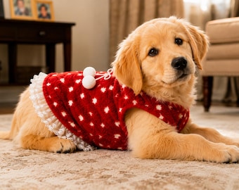 Red Dog Dress, Christmas Pet Dress, Cozy Puppy Outfit, Polka Dot Dog Clothes, Cute Holiday Dog Outfit, Small Dog Gift