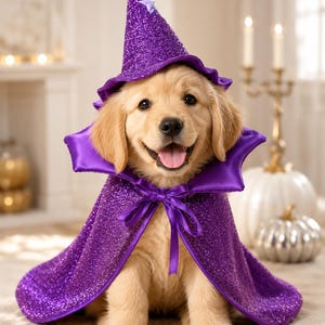 May include: A golden retriever puppy wearing a purple glittery wizard costume consisting of a pointed hat with small star accents and a matching cape with a high collar and a satin ribbon tie at the neck, creating a festive look.