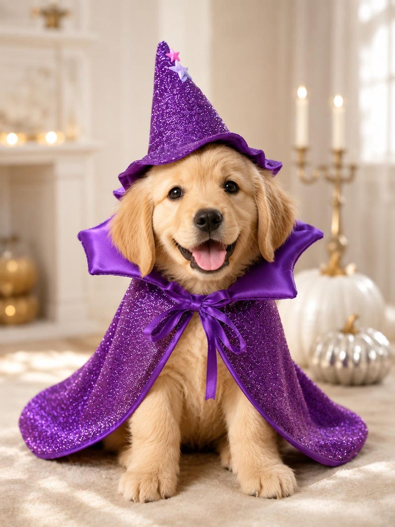 May include: A golden retriever puppy wearing a purple glittery wizard costume consisting of a pointed hat with small star accents and a matching cape with a high collar and a satin ribbon tie at the neck, creating a festive look.
