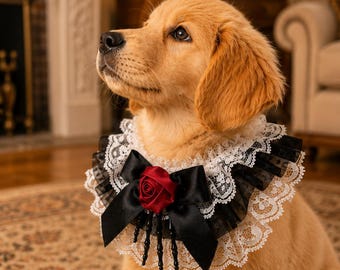 Gothic Dog Collar, Victorian Lace Pet Collar, Black Ruffle Dog Costume, Halloween Dog Accessory, Red Rose Pet Collar