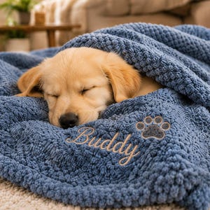 May include: A golden puppy sleeping under a textured blue blanket. The blanket features a soft, nubby fabric and is embroidered with the name Buddy in a cursive script, accompanied by a small paw print design stitched in a light tan thread.