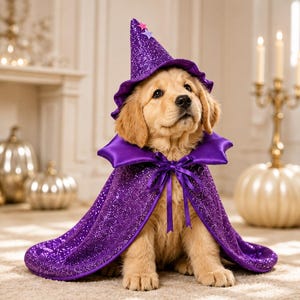 May include: A golden retriever puppy wearing a purple glittery wizard hat with small pink and blue star accents, paired with a matching purple glittery cape featuring a satin collar and a ribbon tie closure at the front of the neck.