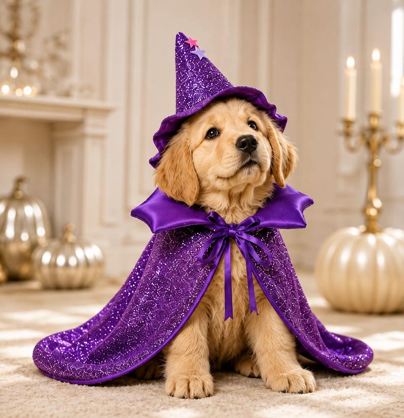 May include: A golden retriever puppy wearing a purple glittery wizard hat with small pink and blue star accents, paired with a matching purple glittery cape featuring a satin collar and a ribbon tie closure at the front of the neck.