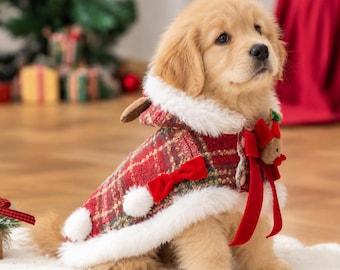 Christmas Dog Coat, Plaid Puppy Jacket, Reindeer Dog Sweater, Holiday Pet Outfit