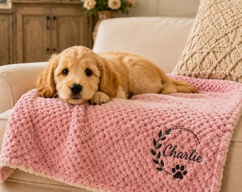 Personalized Dog Blanket, Custom Name Pet Blanket, Cozy Pink Puppy Blanket, Embroidered Dog Gift