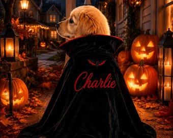 Personalized Dog Vampire Cape, Custom Embroidered Pet Halloween Costume, Puppy Bat Cloak, Spooky Dog Outfit, Halloween Party Costume
