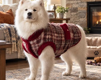 Plaid Dog Coat, Winter Dog Vest, Cozy Fleece Pet Jacket, Red Trim Dog Sweater, Warm Dog Clothes, Fall Winter Dog Outfit