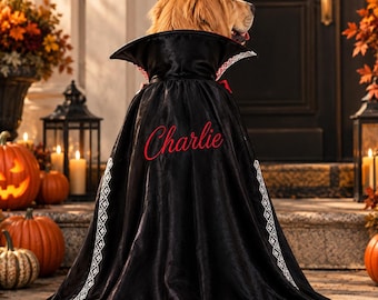 Personalized Dog Halloween Costume, Embroidered Vampire Cape, Dracula Pet Costume, Gothic Dog Cape, Custom Name Pet Cloak
