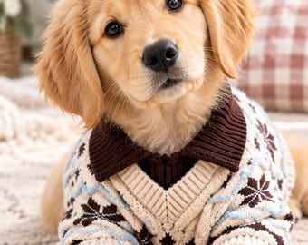 Cream Fair Isle Dog Sweater, Nordic Knit Pet Pullover with Brown Collar